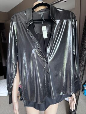 Metallic Black Button-Down Women's Blouse